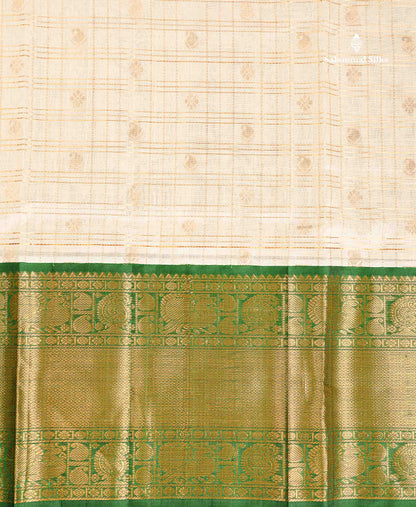 Pure Silk Cotton Saree - Half White Checks With Butta Along With Contrast Bottle Green Traditional Evening Morning Border