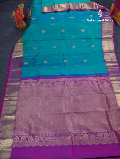 Dual Tone Sapphire Green Pure Kanjivaram Silk Saree With Contrast Vadamalli Traditional Border