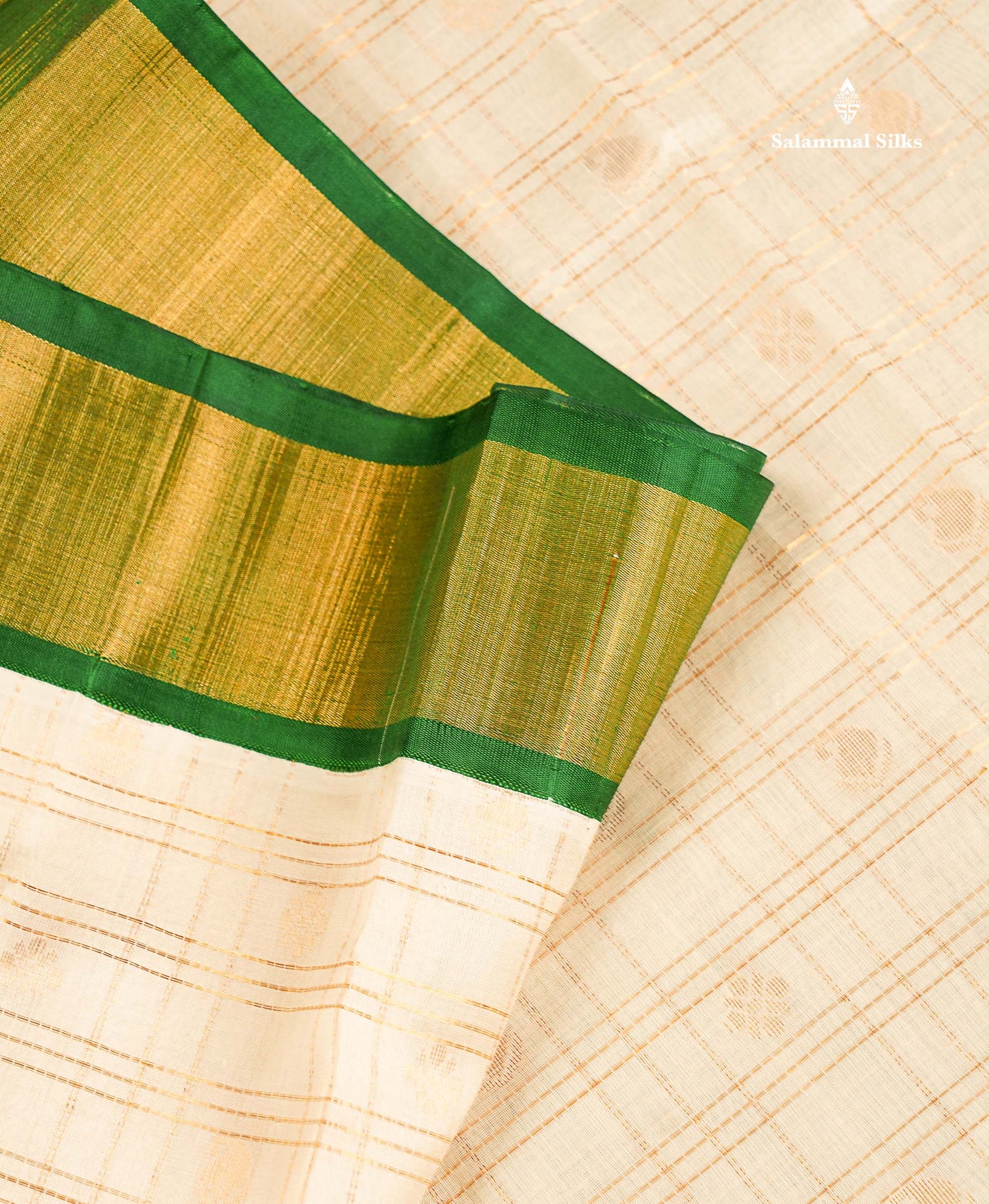 Pure Silk Cotton Saree - Half White Checks With Butta Along With Contrast Bottle Green Traditional Evening Morning Border