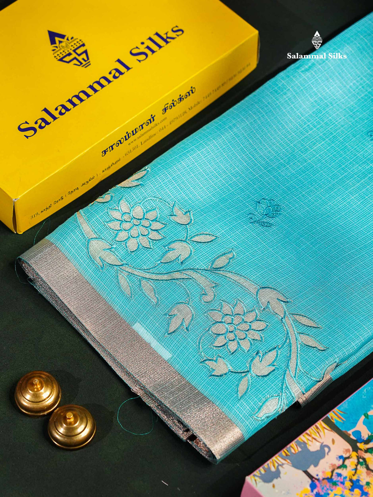 Cotton Mix Saree -   Sky Blue Embroidery Work Fancy Saree Along With Small Ribbon Border