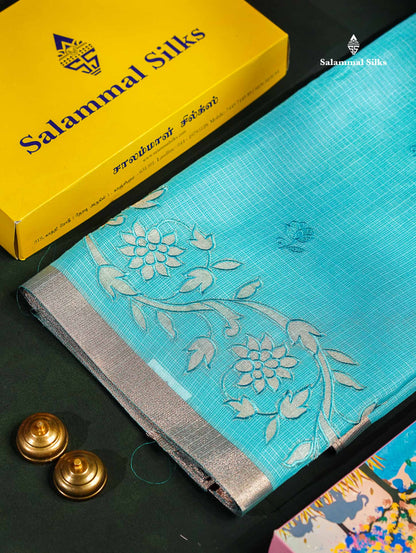 Cotton Mix Saree -   Sky Blue Embroidery Work Fancy Saree Along With Small Ribbon Border