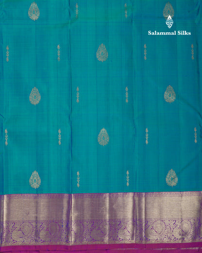 Dual Tone Sapphire Green Pure Kanjivaram Silk Saree With Contrast Vadamalli Traditional Border