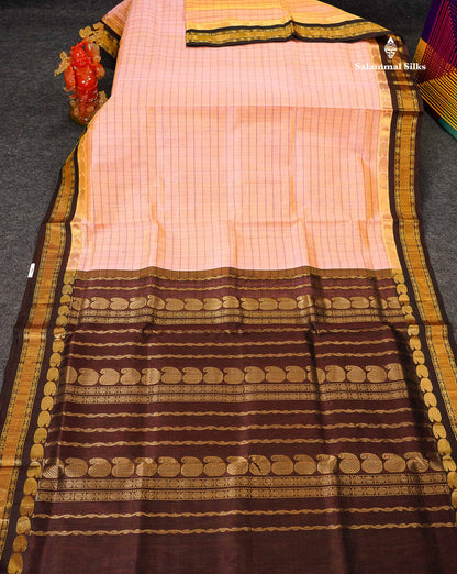 Pure Silk Cotton Saree - Dual Tone Peach Checks Along With Contrast Dark Brown Traditional Border