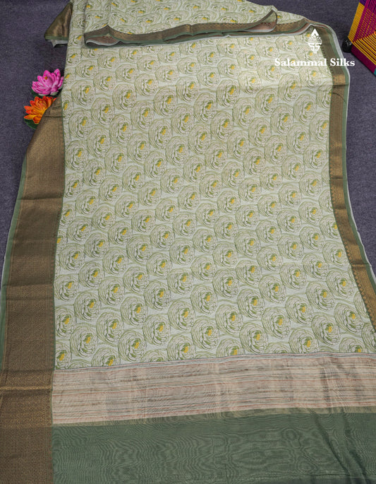 Light Green Chanderi Mixed Cotton Saree With Contrast Army Green Border