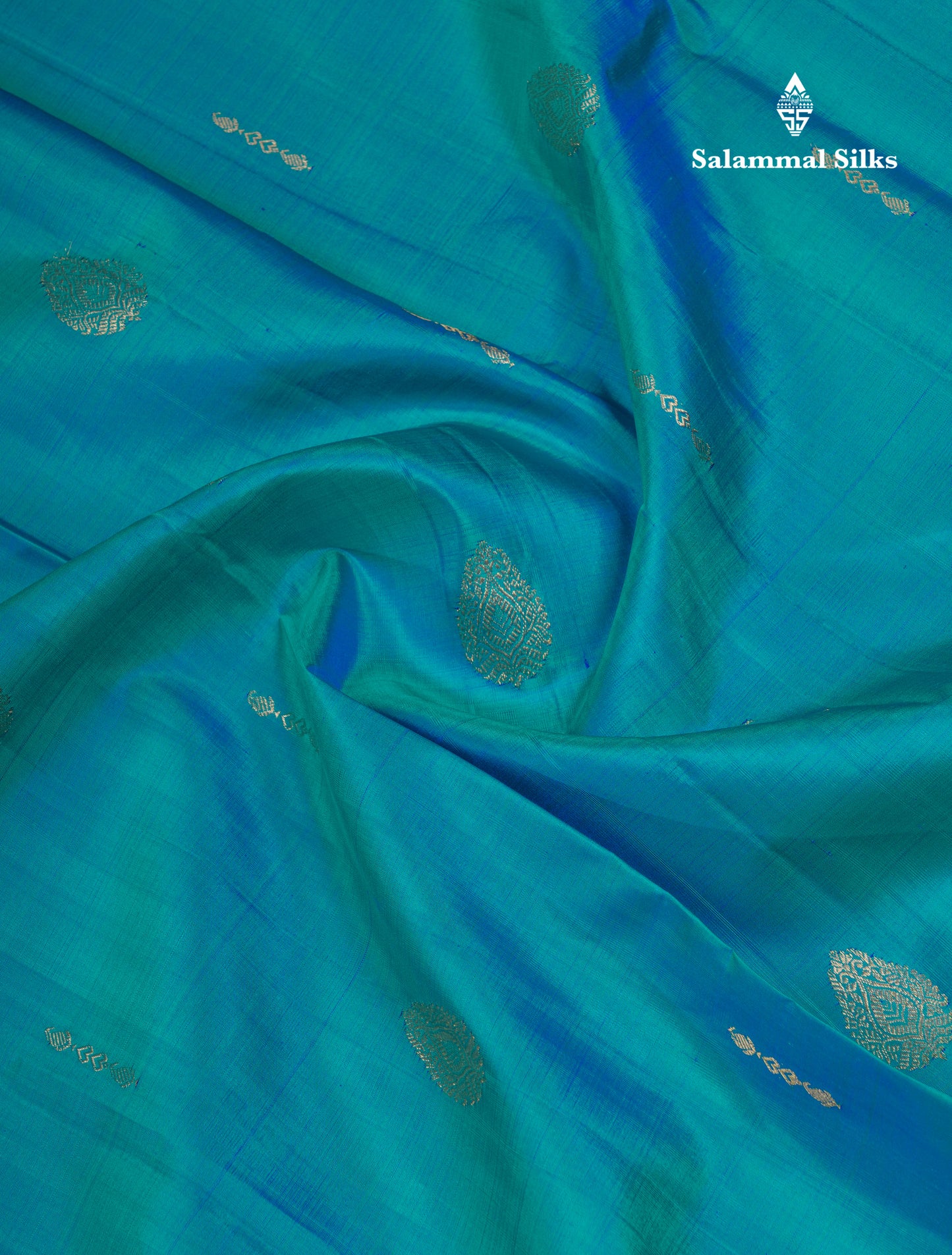 Dual Tone Sapphire Green Pure Kanjivaram Silk Saree With Contrast Vadamalli Traditional Border