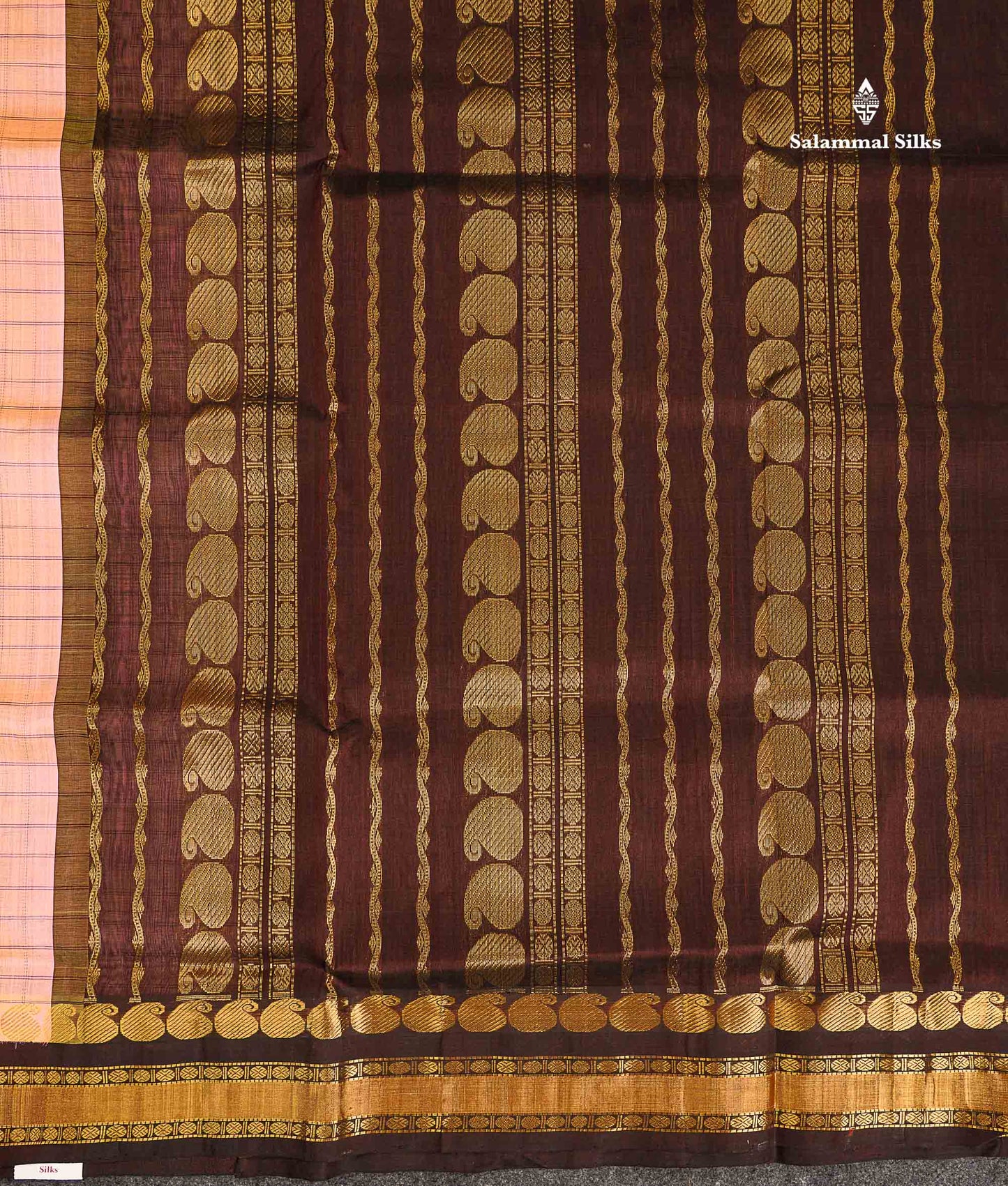 Pure Silk Cotton Saree - Dual Tone Peach Checks Along With Contrast Dark Brown Traditional Border