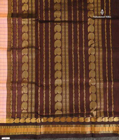 Pure Silk Cotton Saree - Dual Tone Peach Checks Along With Contrast Dark Brown Traditional Border