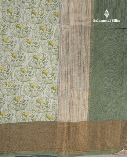Light Green Chanderi Mixed Cotton Saree With Contrast Army Green Border