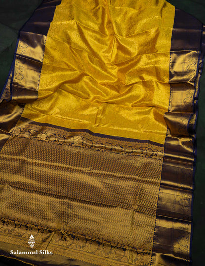 Beautiful Yellow Tissue Bridal Pure Kanjivaram Silk Saree With Contrast Navy Blue Traditional Border