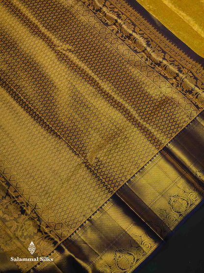 Beautiful Yellow Tissue Bridal Pure Kanjivaram Silk Saree With Contrast Navy Blue Traditional Border