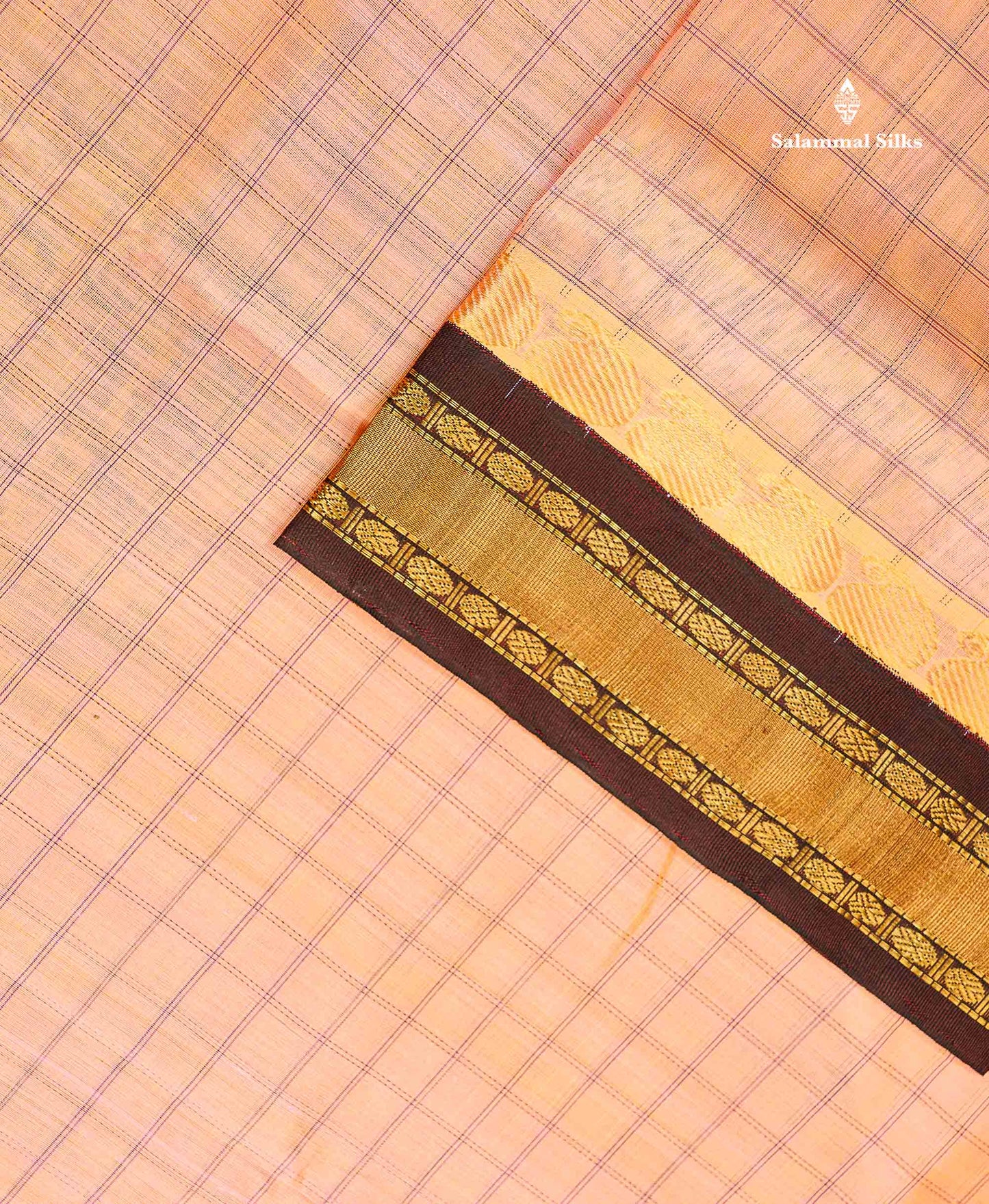 Pure Silk Cotton Saree - Dual Tone Peach Checks Along With Contrast Dark Brown Traditional Border