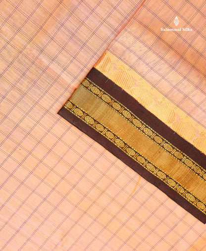 Pure Silk Cotton Saree - Dual Tone Peach Checks Along With Contrast Dark Brown Traditional Border