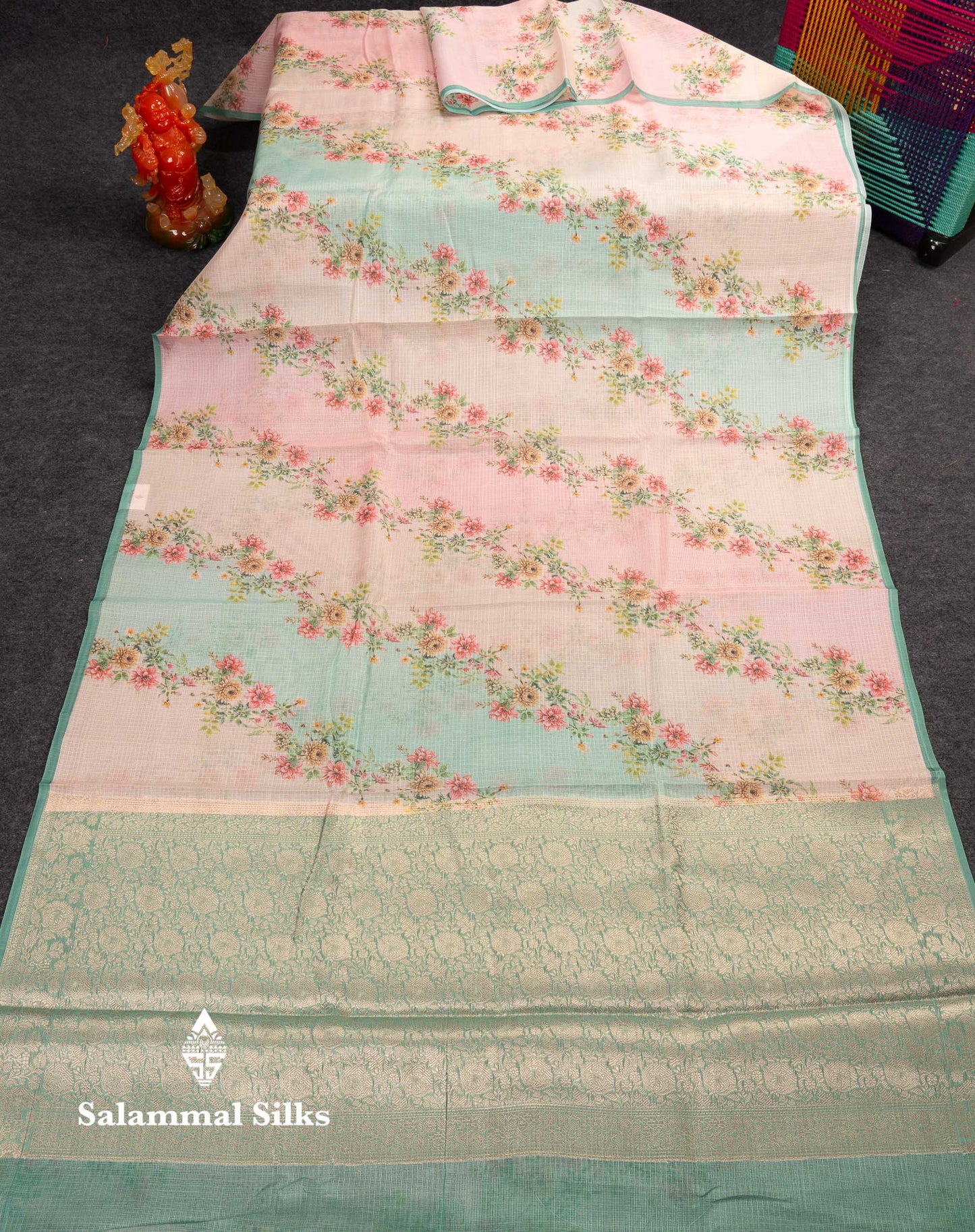 Beautiful Multicolour Floral Design Kota Cotton Mix Fancy Saree With Contrast Bottle Green Blouse