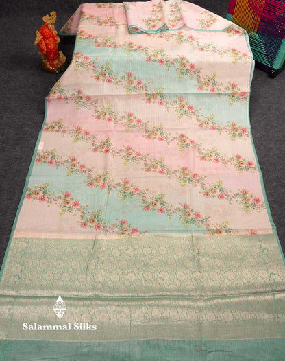 Beautiful Multicolour Floral Design Kota Cotton Mix Fancy Saree With Contrast Bottle Green Blouse
