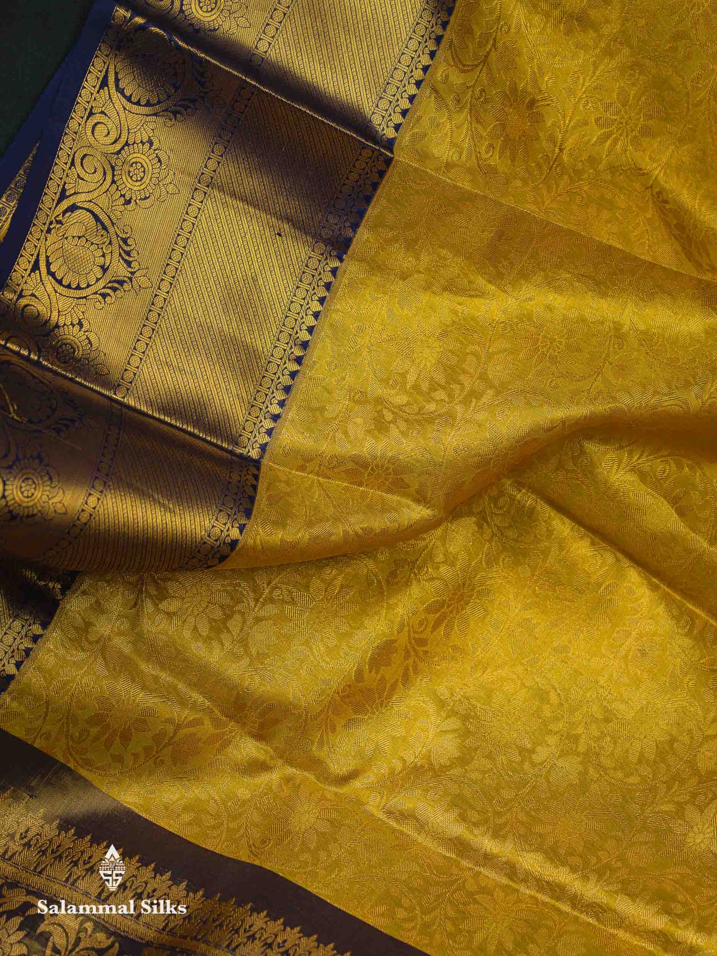 Beautiful Yellow Tissue Bridal Pure Kanjivaram Silk Saree With Contrast Navy Blue Traditional Border
