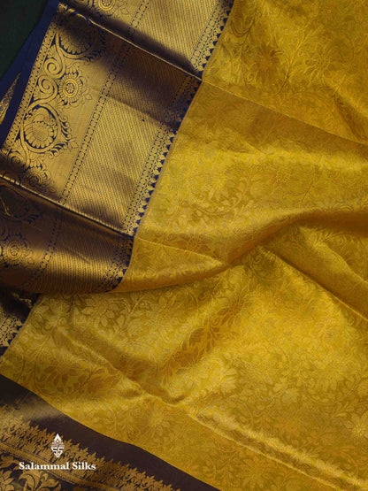 Beautiful Yellow Tissue Bridal Pure Kanjivaram Silk Saree With Contrast Navy Blue Traditional Border