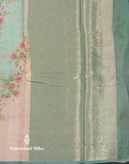 Beautiful Multicolour Floral Design Kota Cotton Mix Fancy Saree With Contrast Bottle Green Blouse