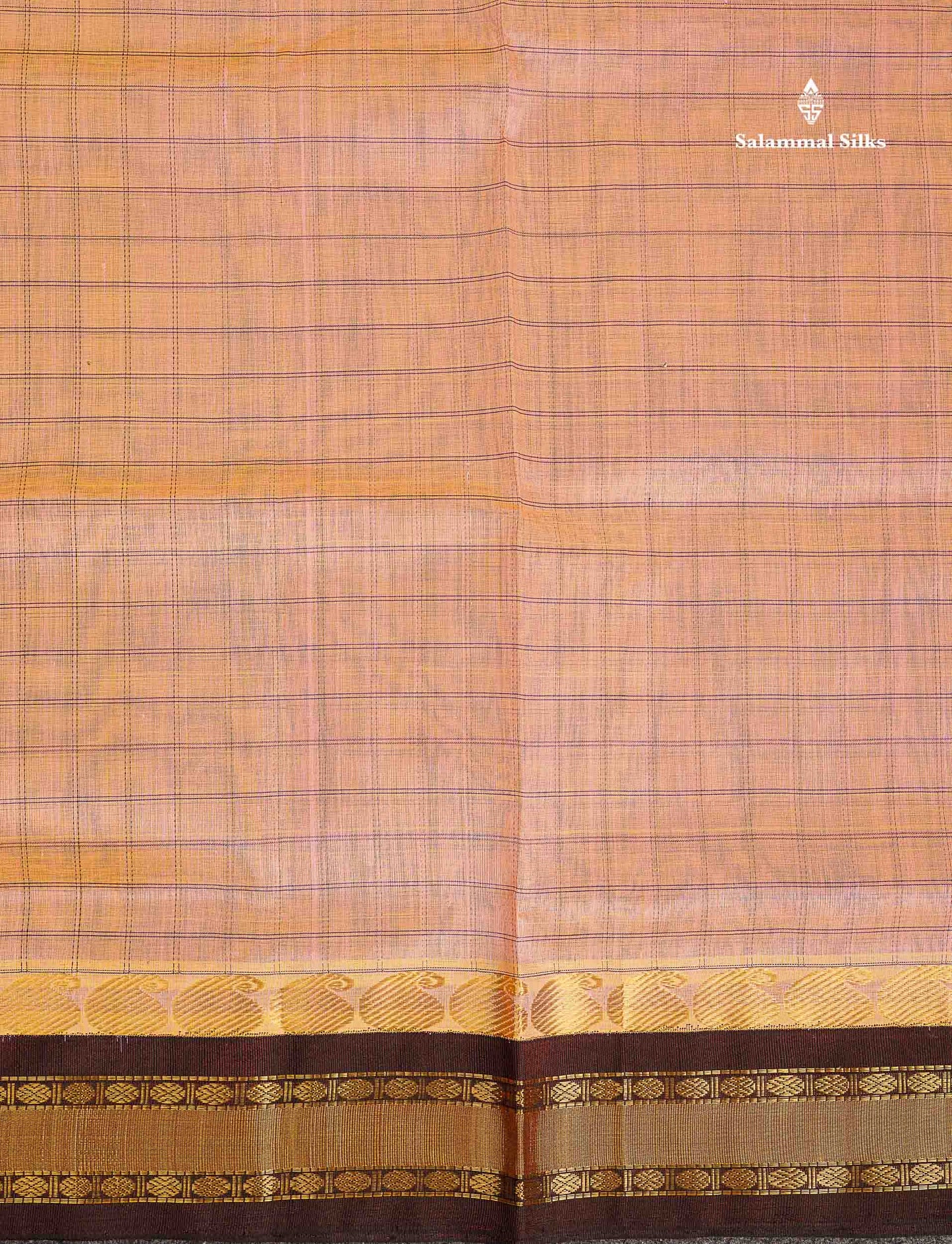 Pure Silk Cotton Saree - Dual Tone Peach Checks Along With Contrast Dark Brown Traditional Border