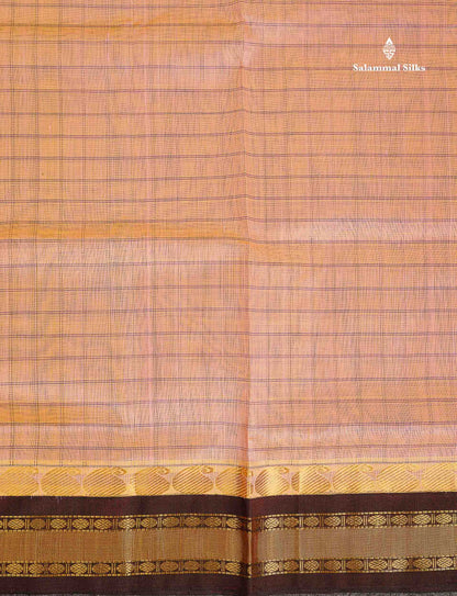 Pure Silk Cotton Saree - Dual Tone Peach Checks Along With Contrast Dark Brown Traditional Border