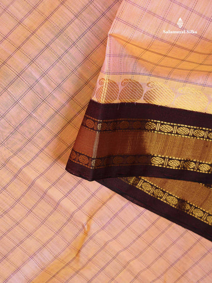 Pure Silk Cotton Saree - Dual Tone Peach Checks Along With Contrast Dark Brown Traditional Border