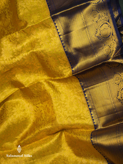 Beautiful Yellow Tissue Bridal Pure Kanjivaram Silk Saree With Contrast Navy Blue Traditional Border