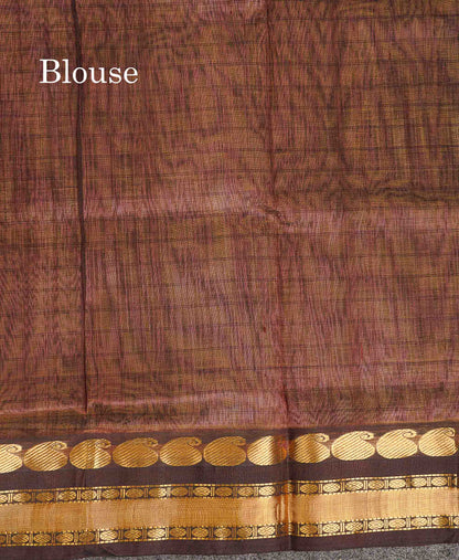 Pure Silk Cotton Saree - Dual Tone Peach Checks Along With Contrast Dark Brown Traditional Border