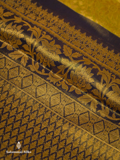Beautiful Yellow Tissue Bridal Pure Kanjivaram Silk Saree With Contrast Navy Blue Traditional Border