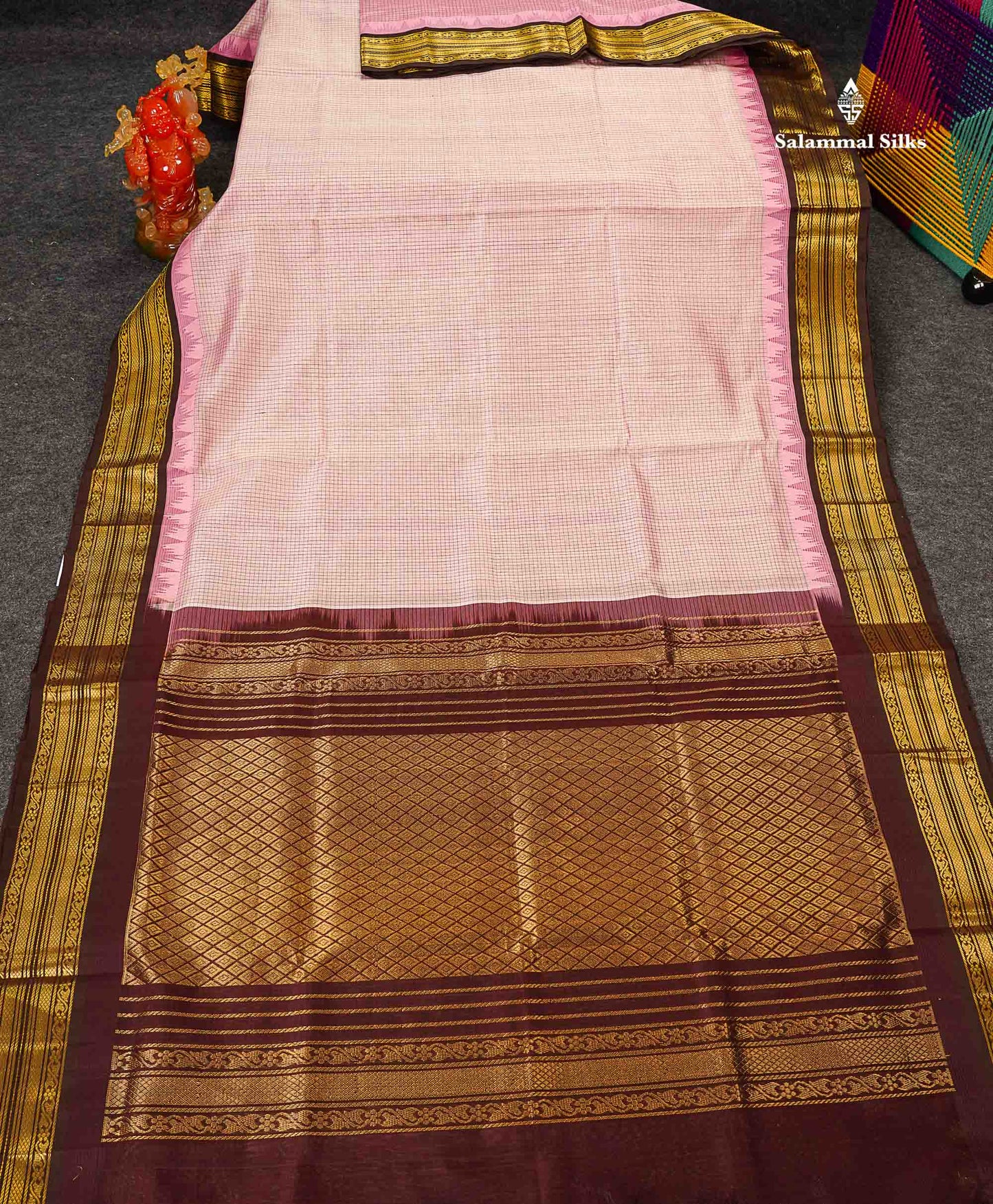 Pure Silk Cotton Saree - Light Pink Small Checks Along With Contrast Dark Brown Traditional Border