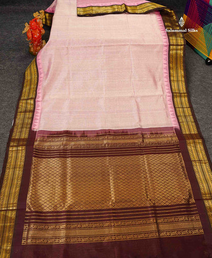 Pure Silk Cotton Saree - Light Pink Small Checks Along With Contrast Dark Brown Traditional Border