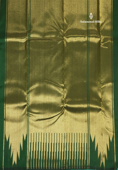 Bottle Green Plain 8 Kol Pure Kanjivaram Silk Saree with Traditional Temple Border