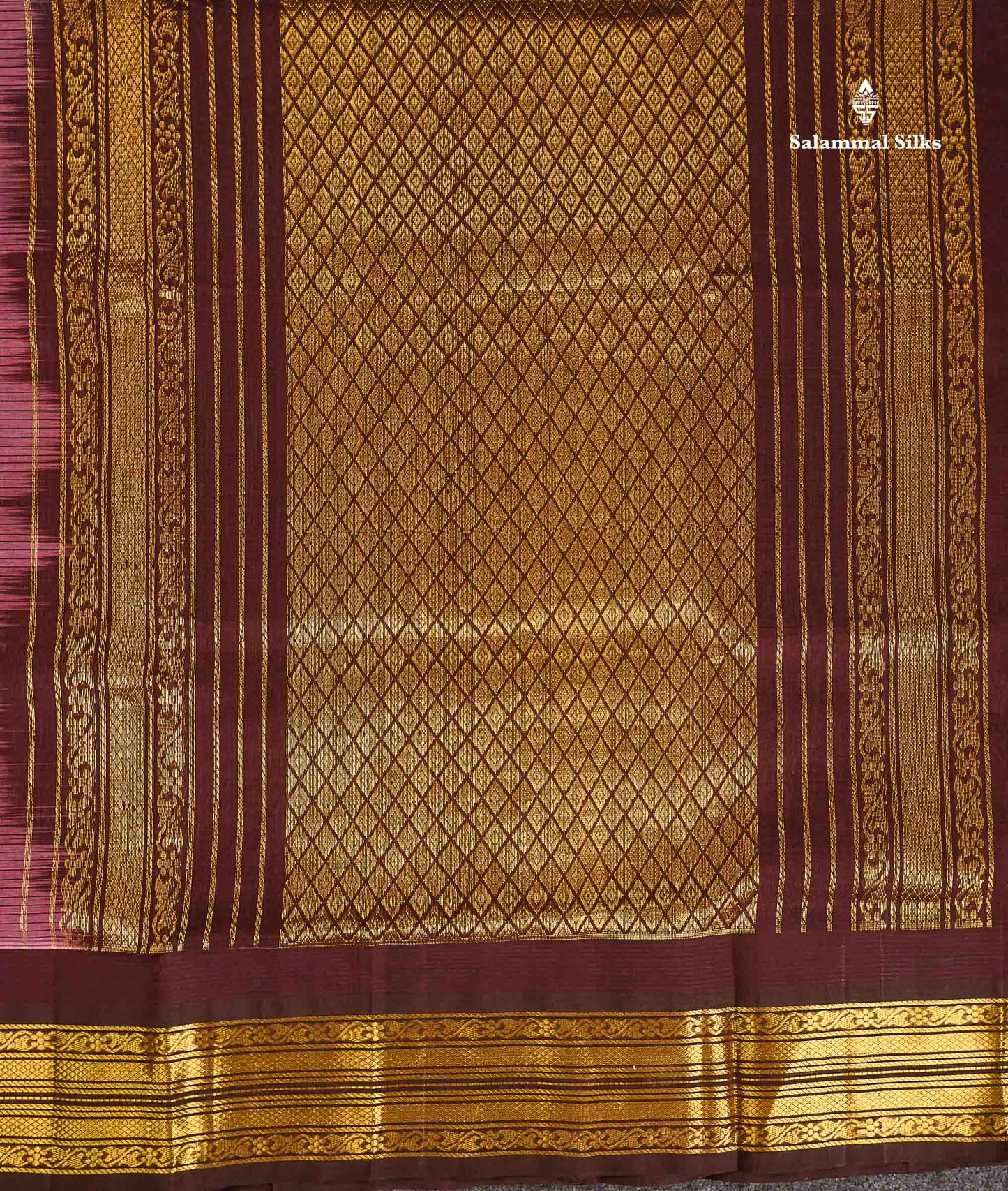 Pure Silk Cotton Saree - Light Pink Small Checks Along With Contrast Dark Brown Traditional Border