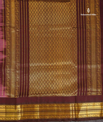 Pure Silk Cotton Saree - Light Pink Small Checks Along With Contrast Dark Brown Traditional Border