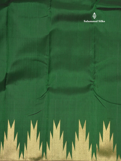 Bottle Green Plain 8 Kol Pure Kanjivaram Silk Saree with Traditional Temple Border