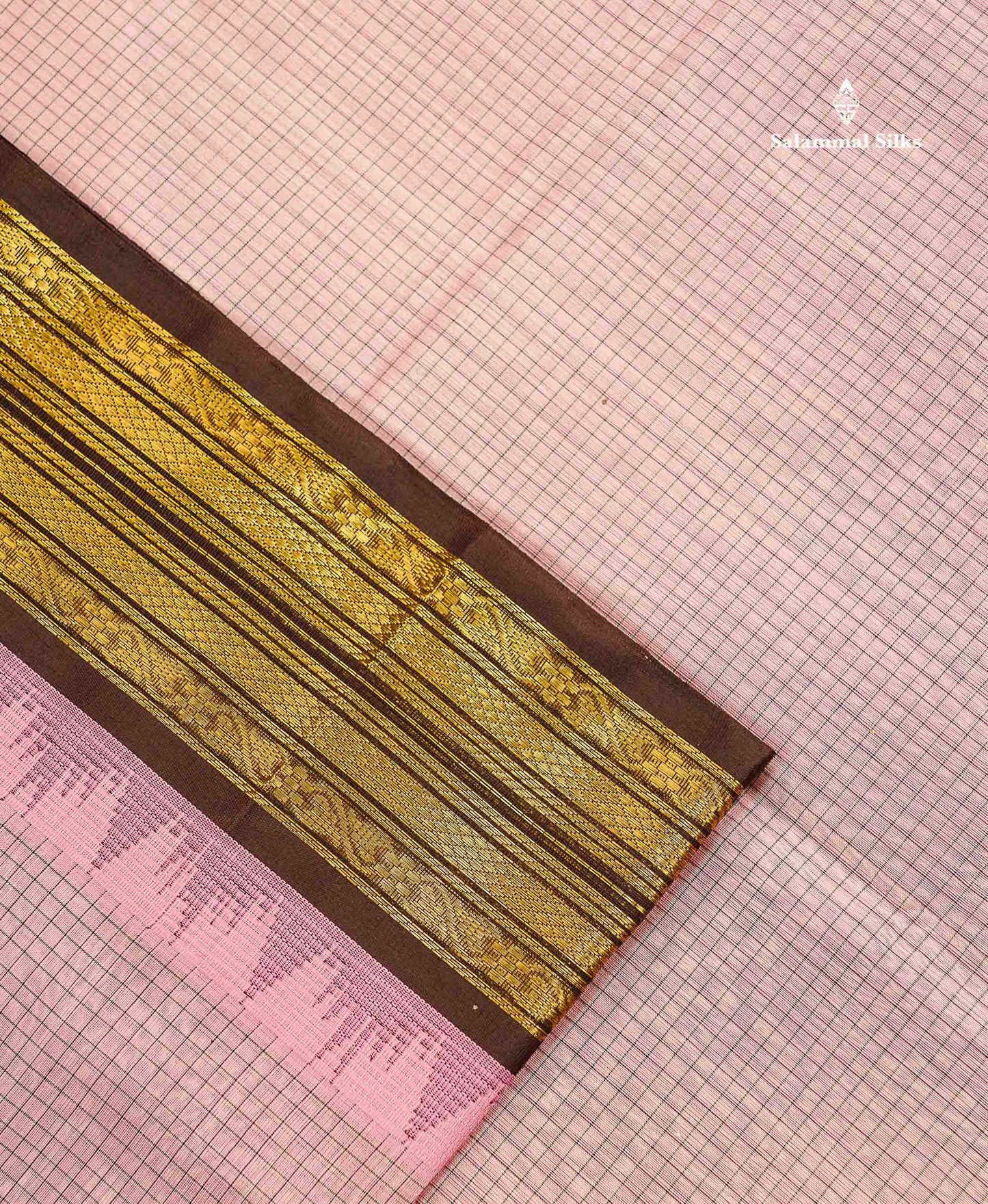 Pure Silk Cotton Saree - Light Pink Small Checks Along With Contrast Dark Brown Traditional Border