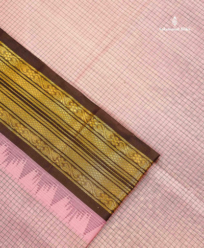 Pure Silk Cotton Saree - Light Pink Small Checks Along With Contrast Dark Brown Traditional Border