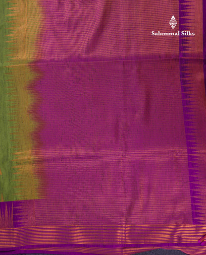 Beautiful Parrot Green Jute Semi Soft Silk Saree With Contrast Dark Purple Temple Border