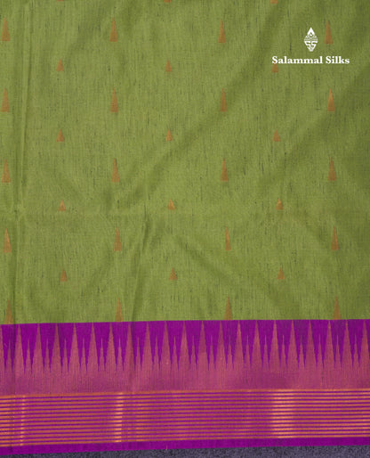 Beautiful Parrot Green Jute Semi Soft Silk Saree With Contrast Dark Purple Temple Border