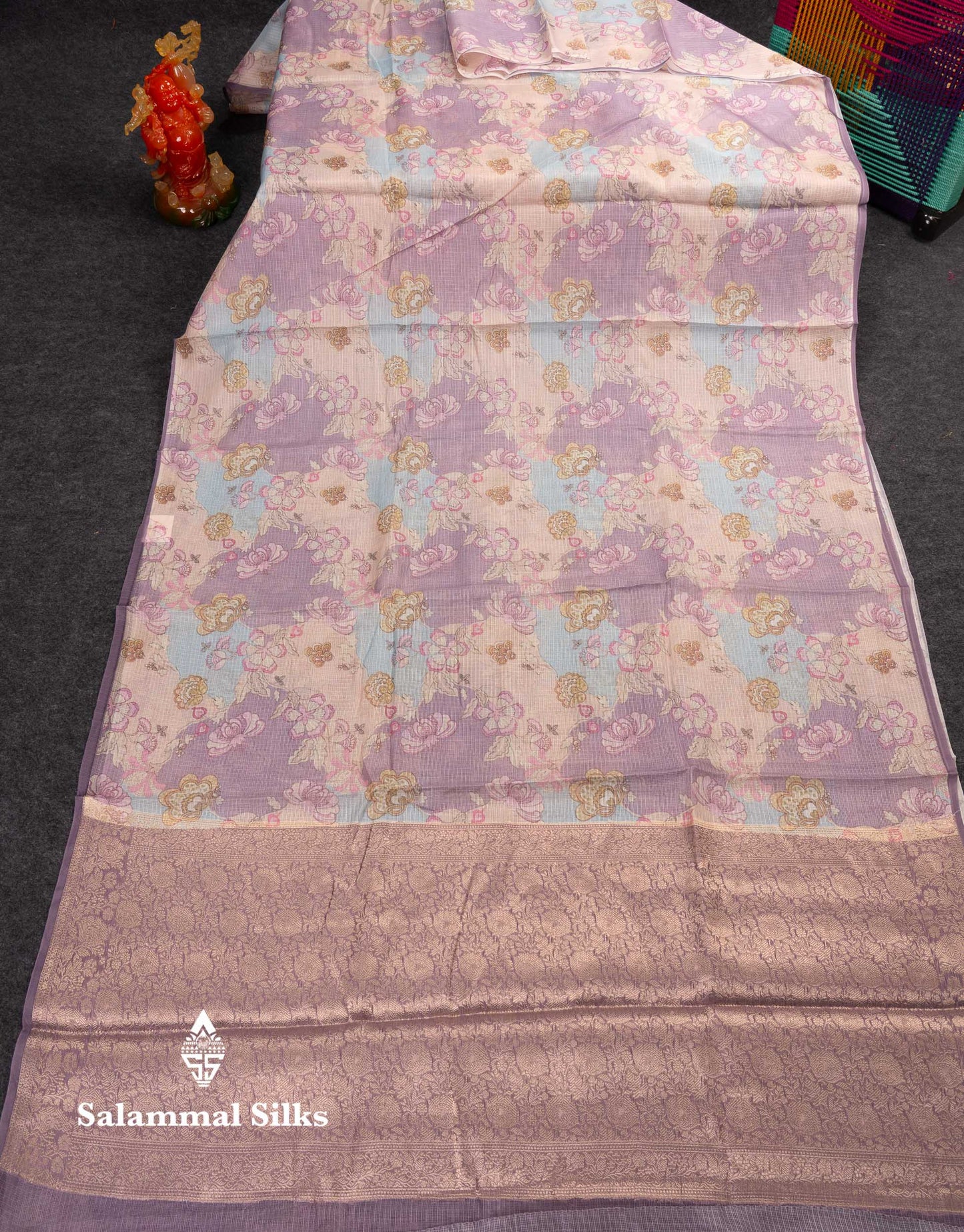 Beautiful Multicolour Kota Cotton Mix Fancy Saree With Contrast Pastel Violet Butta Blouse