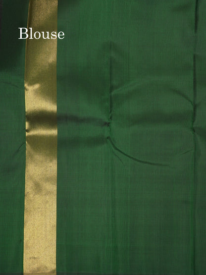Bottle Green Plain 8 Kol Pure Kanjivaram Silk Saree with Traditional Temple Border