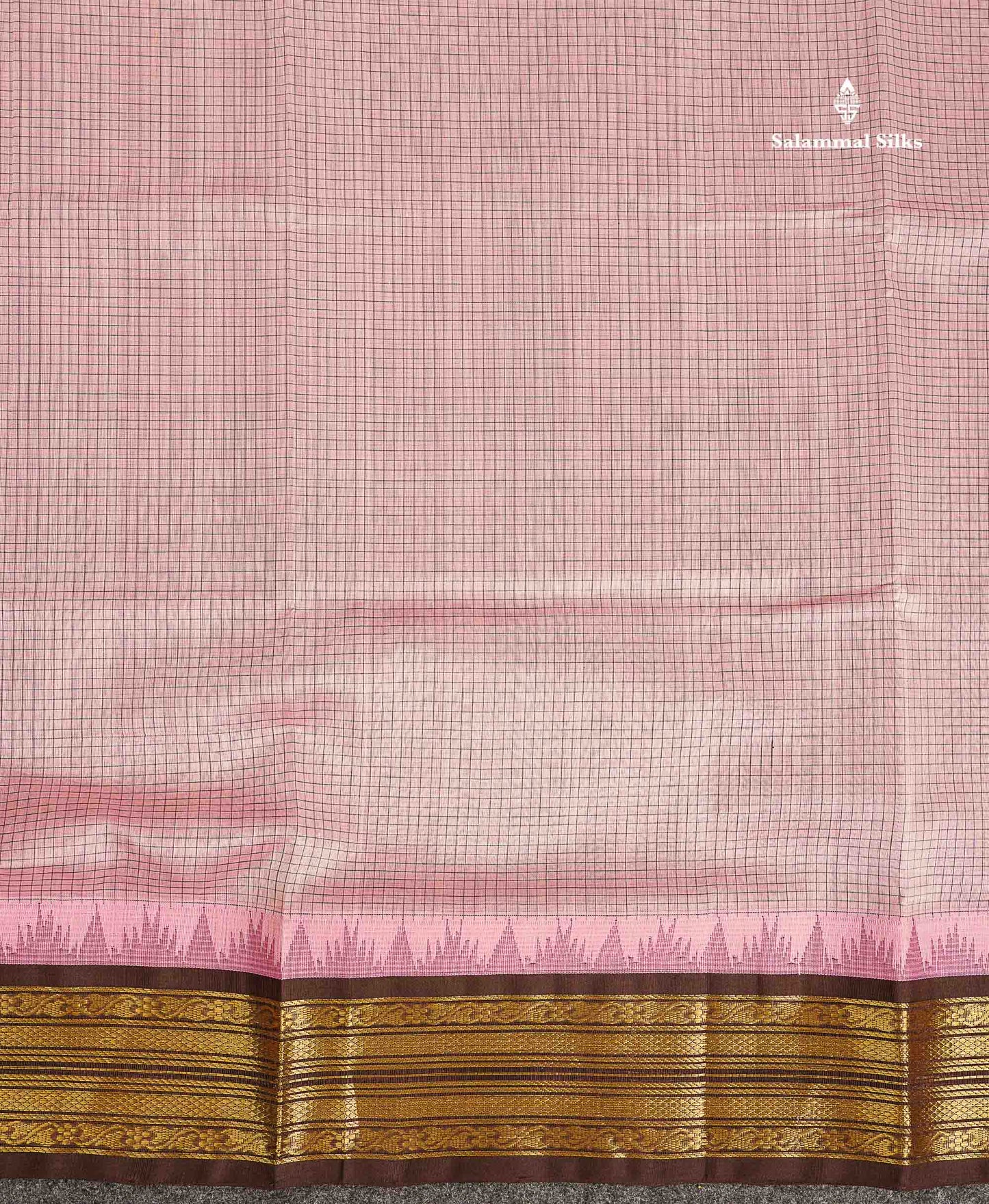 Pure Silk Cotton Saree - Light Pink Small Checks Along With Contrast Dark Brown Traditional Border