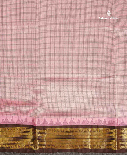 Pure Silk Cotton Saree - Light Pink Small Checks Along With Contrast Dark Brown Traditional Border