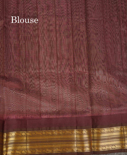 Pure Silk Cotton Saree - Light Pink Small Checks Along With Contrast Dark Brown Traditional Border