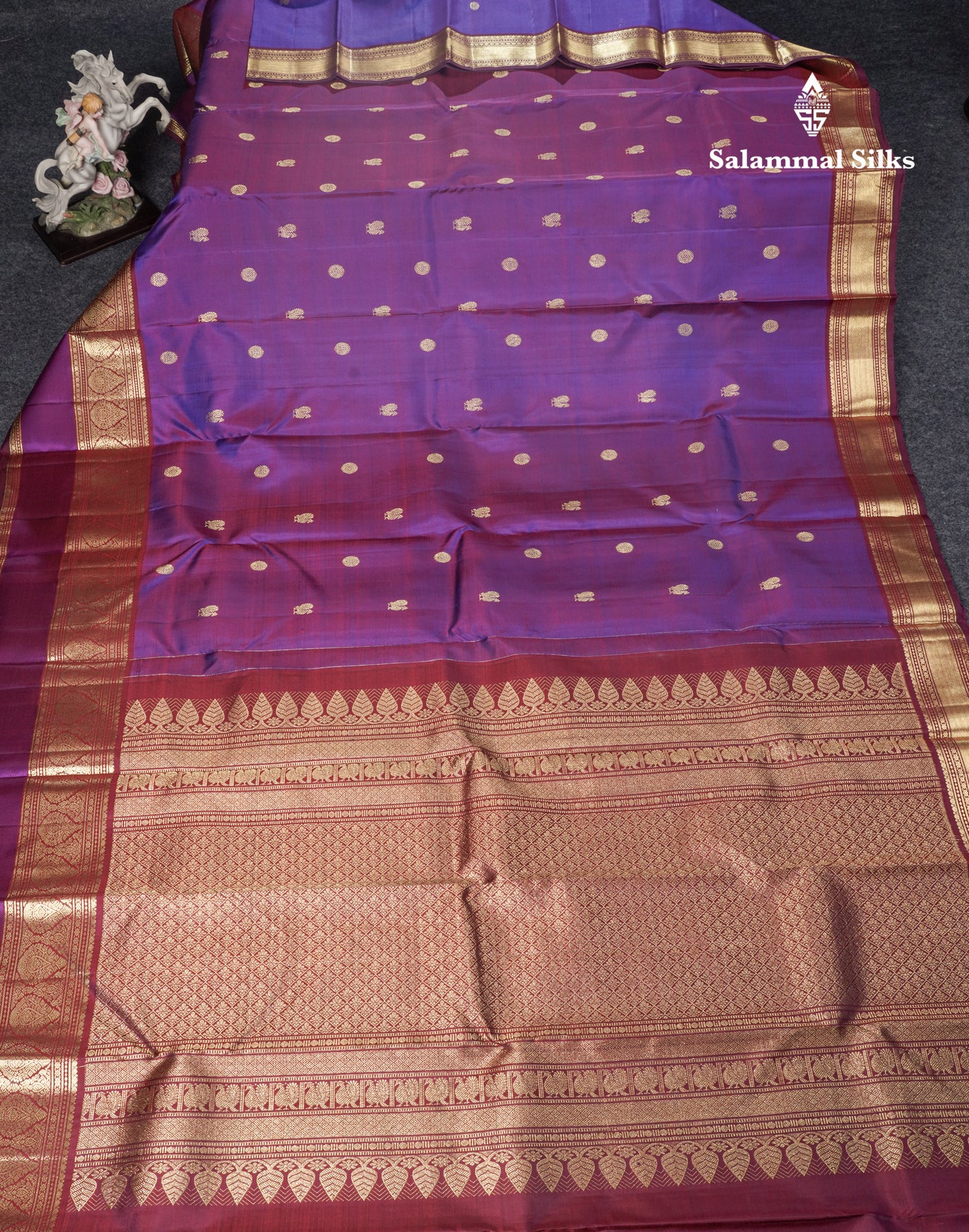 Dual Tone Purple Pure Kanjivaram Silk Saree With Contrast Maroon Traditional Border