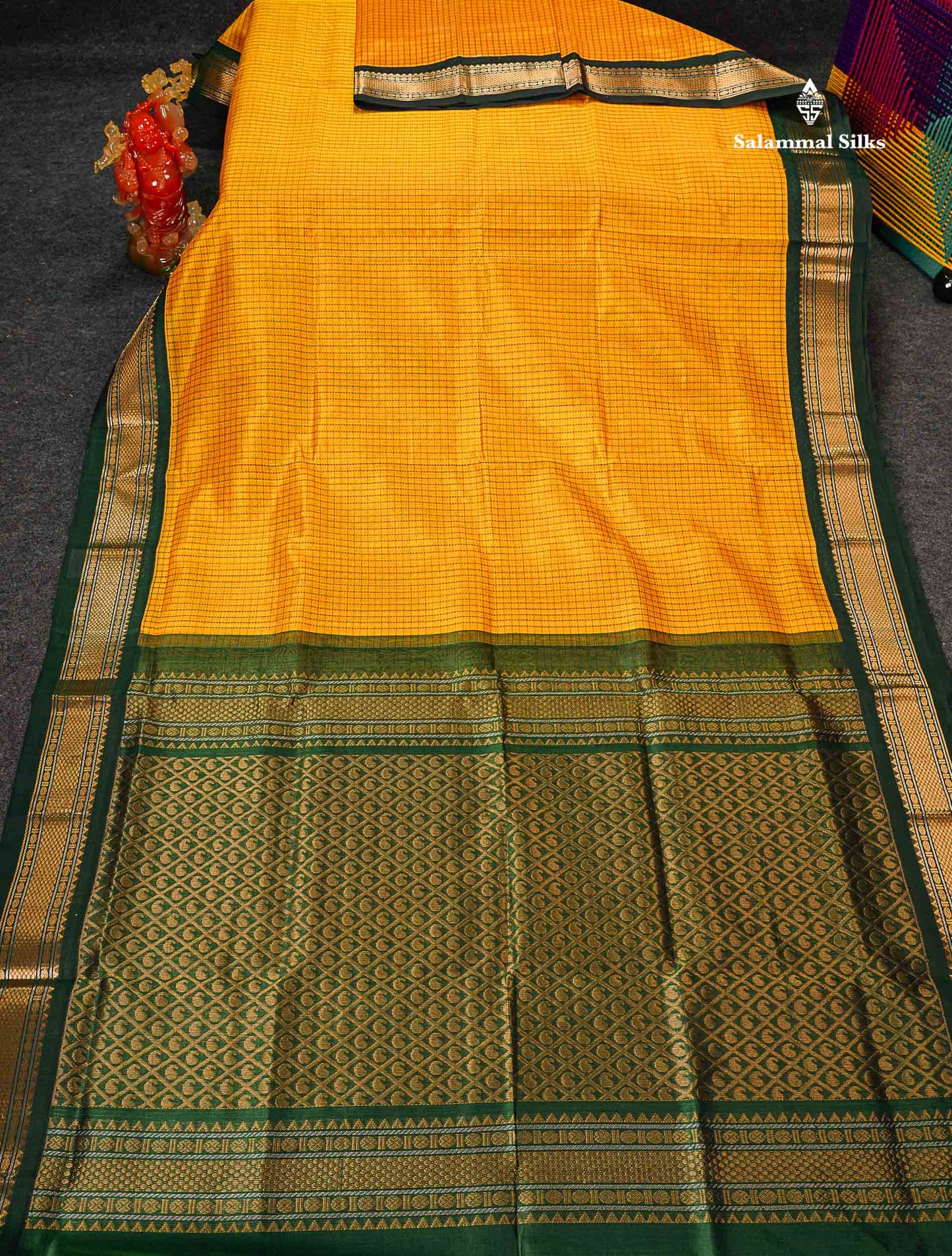 Pure Silk Cotton Saree - Mustard Yellow Small Checks Along With Contrast Bottle Green Traditional Border