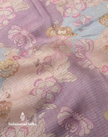 Beautiful Multicolour Kota Cotton Mix Fancy Saree With Contrast Pastel Violet Butta Blouse