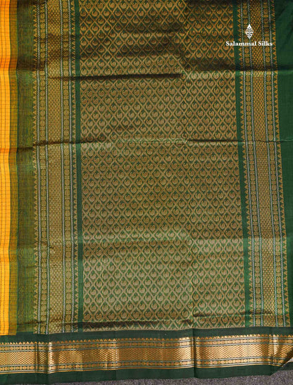 Pure Silk Cotton Saree - Mustard Yellow Small Checks Along With Contrast Bottle Green Traditional Border