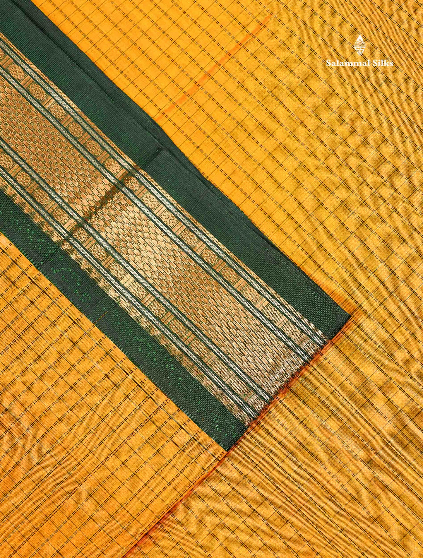 Pure Silk Cotton Saree - Mustard Yellow Small Checks Along With Contrast Bottle Green Traditional Border