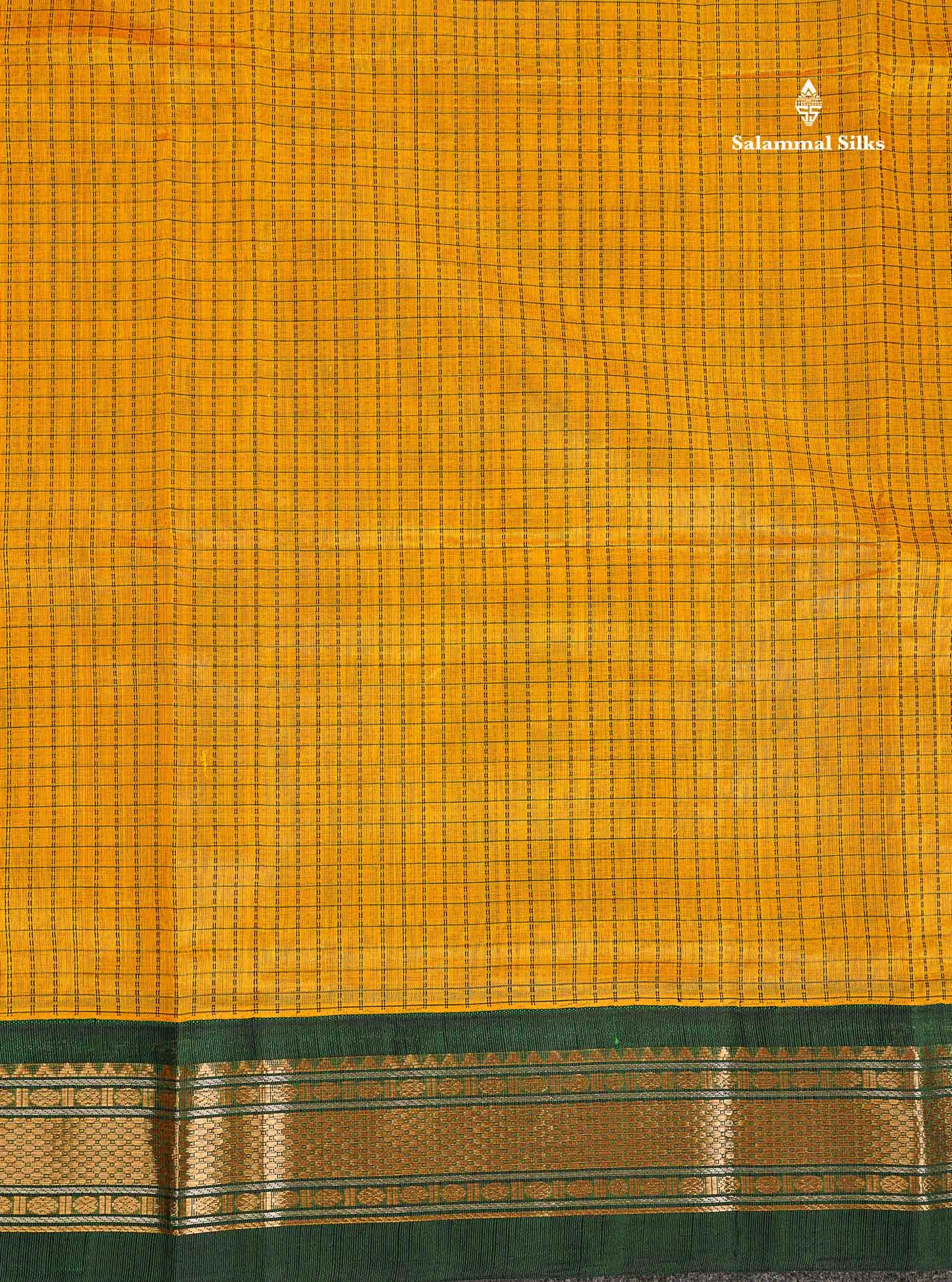 Pure Silk Cotton Saree - Mustard Yellow Small Checks Along With Contrast Bottle Green Traditional Border
