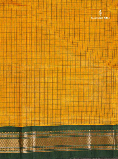 Pure Silk Cotton Saree - Mustard Yellow Small Checks Along With Contrast Bottle Green Traditional Border
