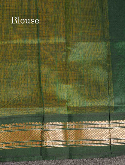 Pure Silk Cotton Saree - Mustard Yellow Small Checks Along With Contrast Bottle Green Traditional Border